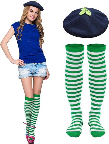 JaGely 2 Pcs Halloween Blueberry Costumes 1 Blueberry Three Leaves Beret 1 Striped Stockings for Women Halloween Cosplay in Saudi Arabia