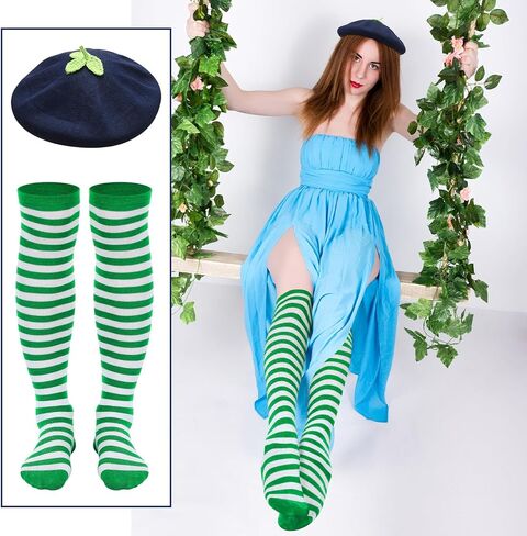 JaGely 2 Pcs Halloween Blueberry Costumes 1 Blueberry Three Leaves Beret 1 Striped Stockings for Women Halloween Cosplay in Saudi Arabia