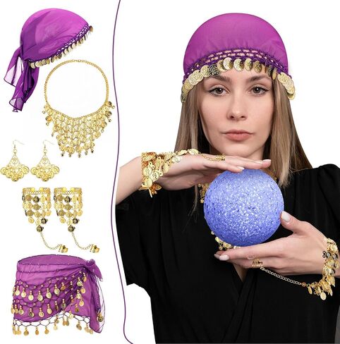 مجموعة إكسسوارات أزياء 6 قطع من Tondiamo للنساء تتضمن عمامة أرجوانية، وشاح الورك للرقص الشرقي من الشيفون، وأقراط، وأساور، وقلادة، وكرة متوهجة لحفلات الهالوين التنكرية in Saudi Arabia