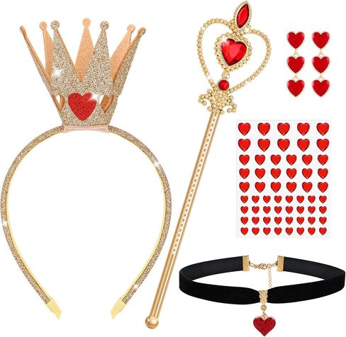 5 Pcs Queen of Hearts Accessories for Women,Red Queen of Hearts Costume Crown Wand Headband Necklace Earring sticker for Halloween Party Cosplay Dress Up/Red in Saudi Arabia