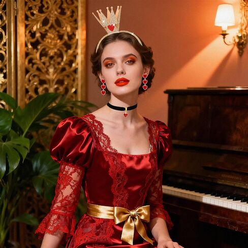 5 Pcs Queen of Hearts Accessories for Women,Red Queen of Hearts Costume Crown Wand Headband Necklace Earring sticker for Halloween Party Cosplay Dress Up/Red in Saudi Arabia