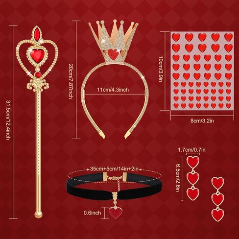 5 Pcs Queen of Hearts Accessories for Women,Red Queen of Hearts Costume Crown Wand Headband Necklace Earring sticker for Halloween Party Cosplay Dress Up/Red in Saudi Arabia