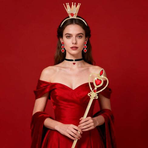 5 Pcs Queen of Hearts Accessories for Women,Red Queen of Hearts Costume Crown Wand Headband Necklace Earring sticker for Halloween Party Cosplay Dress Up/Red in Saudi Arabia