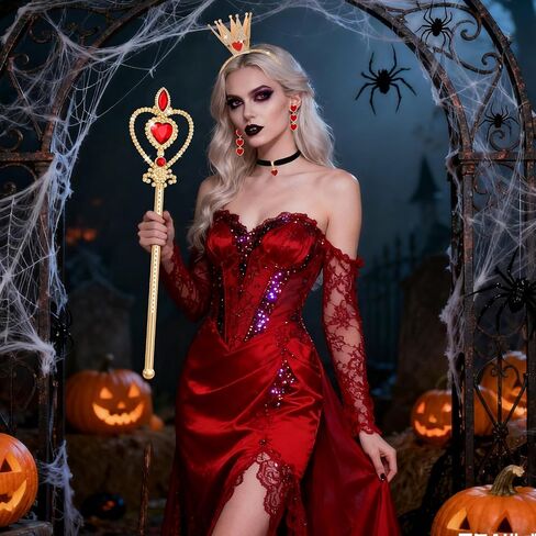 5 Pcs Queen of Hearts Accessories for Women,Red Queen of Hearts Costume Crown Wand Headband Necklace Earring sticker for Halloween Party Cosplay Dress Up/Red in Saudi Arabia