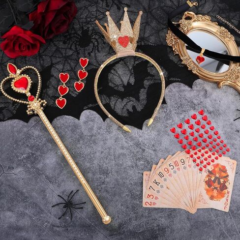 5 Pcs Queen of Hearts Accessories for Women,Red Queen of Hearts Costume Crown Wand Headband Necklace Earring sticker for Halloween Party Cosplay Dress Up/Red in Saudi Arabia