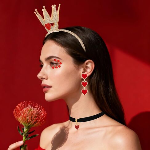 5 Pcs Queen of Hearts Accessories for Women,Red Queen of Hearts Costume Crown Wand Headband Necklace Earring sticker for Halloween Party Cosplay Dress Up/Red in Saudi Arabia