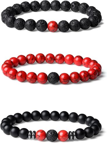 Mens Bead Bracelet Set 8MM Natural Stone Tiger Eye Black Crystal Stretch Adjustable Beaded Bracelet for Men Gift in Saudi Arabia