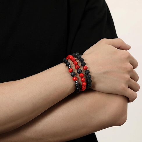 Mens Bead Bracelet Set 8MM Natural Stone Tiger Eye Black Crystal Stretch Adjustable Beaded Bracelet for Men Gift in Saudi Arabia