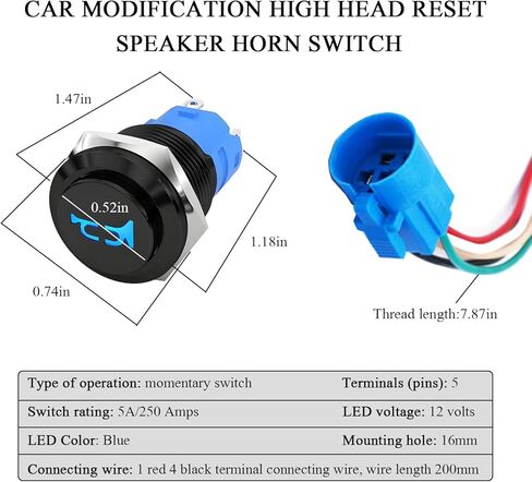 16MM Raised Speaker Horn Momentary Push Button Switch, 5/8" Mounting Hole 1NO 1NC SPDT with Pre-Wiring Switch, 12V LED Horn Switch with Stainless Steel Shell for Car (Red) in Saudi Arabia