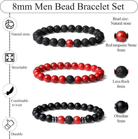 Mens Bead Bracelet Set 8MM Natural Stone Tiger Eye Black Crystal Stretch Adjustable Beaded Bracelet for Men Gift in Saudi Arabia