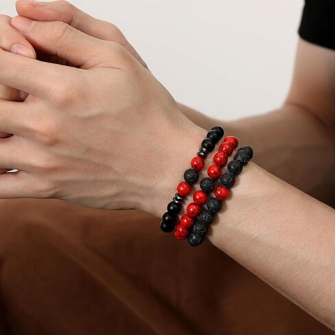 Mens Bead Bracelet Set 8MM Natural Stone Tiger Eye Black Crystal Stretch Adjustable Beaded Bracelet for Men Gift in Saudi Arabia