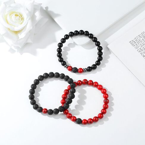 Mens Bead Bracelet Set 8MM Natural Stone Tiger Eye Black Crystal Stretch Adjustable Beaded Bracelet for Men Gift in Saudi Arabia