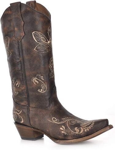 Corral Boots حريمي مطرز بمقدمة قصيرة كاجوال بكعب متوسط ​​للركبة 2-3 بوصة - بني in Saudi Arabia