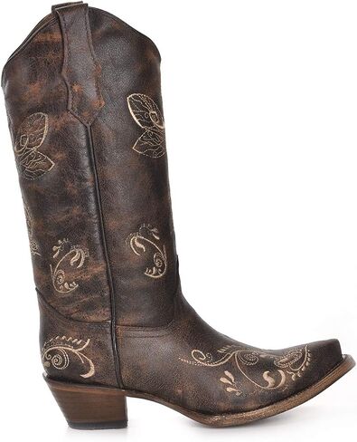 Corral Boots حريمي مطرز بمقدمة قصيرة كاجوال بكعب متوسط ​​للركبة 2-3 بوصة - بني in Saudi Arabia