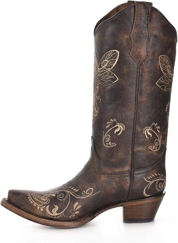 Corral Boots حريمي مطرز بمقدمة قصيرة كاجوال بكعب متوسط ​​للركبة 2-3 بوصة - بني in Saudi Arabia