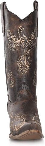 Corral Boots حريمي مطرز بمقدمة قصيرة كاجوال بكعب متوسط ​​للركبة 2-3 بوصة - بني in Saudi Arabia