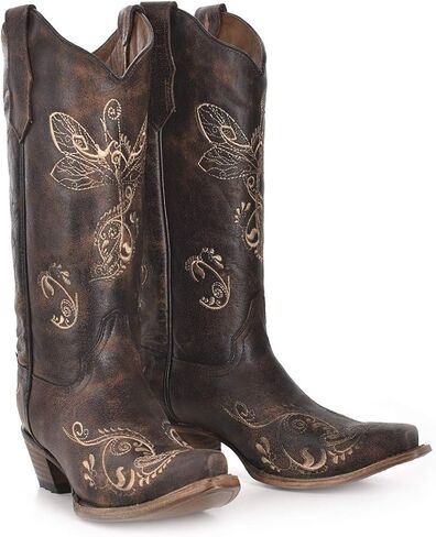 Corral Boots حريمي مطرز بمقدمة قصيرة كاجوال بكعب متوسط ​​للركبة 2-3 بوصة - بني in Saudi Arabia