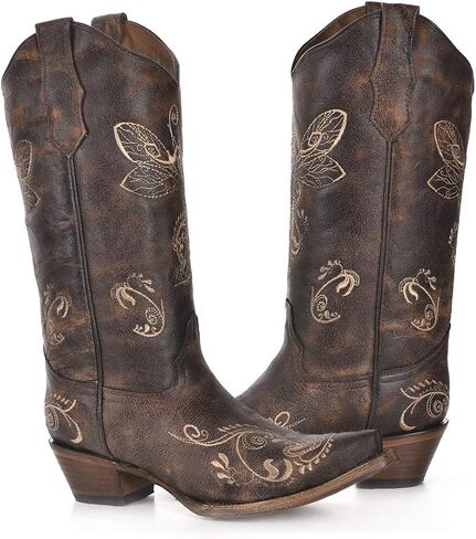 Corral Boots حريمي مطرز بمقدمة قصيرة كاجوال بكعب متوسط ​​للركبة 2-3 بوصة - بني in Saudi Arabia