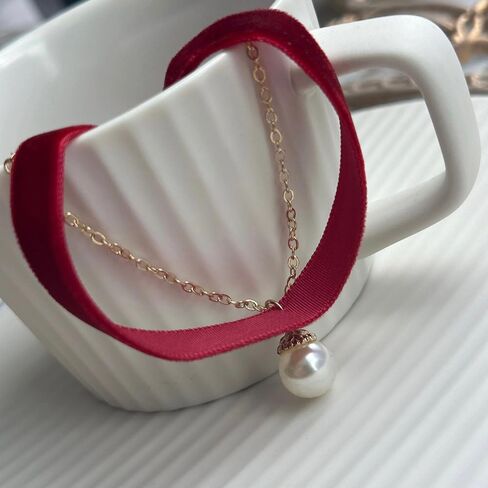 Christmas Red Velvet Choker Necklace Bell Pearl Pendant Necklace Christmas Holiday Necklace Jewelry in Saudi Arabia