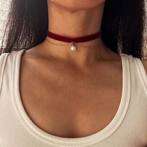 Christmas Red Velvet Choker Necklace Bell Pearl Pendant Necklace Christmas Holiday Necklace Jewelry in Saudi Arabia