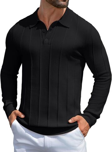 MioRoim Men's Knit Polo Shirts Casual Long Sleeve Polo Sweater Cable Ribbed Knitted Sweaters Vintage Golf Pullover Shirt in Saudi Arabia