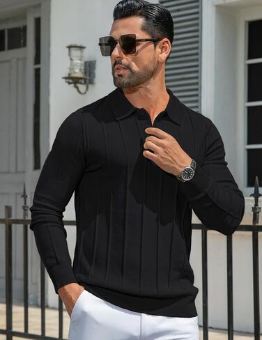 MioRoim Men's Knit Polo Shirts Casual Long Sleeve Polo Sweater Cable Ribbed Knitted Sweaters Vintage Golf Pullover Shirt in Saudi Arabia