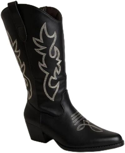 Women Western Cowbow Stitched Pointed Toe Mid-Calf High Chunky Low Heel Boots in Saudi Arabia