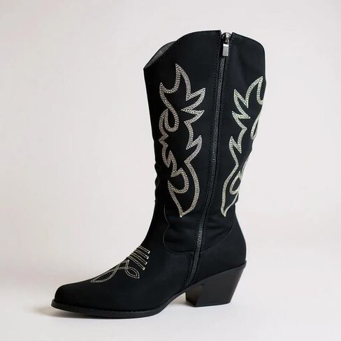 Women Western Cowbow Stitched Pointed Toe Mid-Calf High Chunky Low Heel Boots in Saudi Arabia