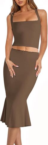 CHYRII Womens Two Piece Sets Short Sleeve Crewneck Cropped Top Bodycon Fold Over Maxi Skirt Maxi Dress Outfits in Kuwait