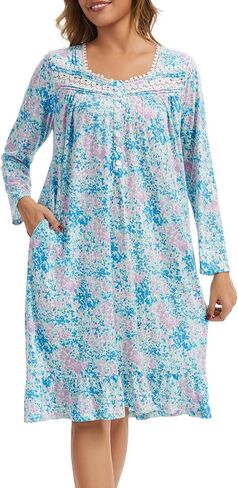 Women's Long Sleeve Floral Nightgown Cotton Soft Sleep Dress with Lace Trim and Pockets in Saudi Arabia