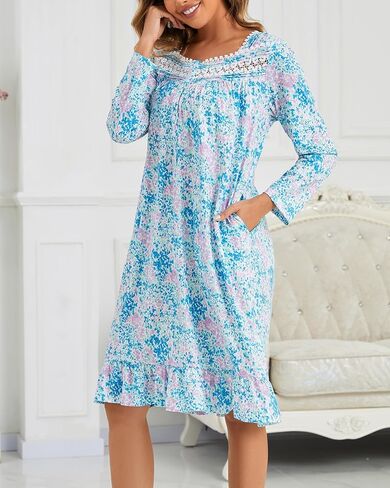 Women's Long Sleeve Floral Nightgown Cotton Soft Sleep Dress with Lace Trim and Pockets in Saudi Arabia