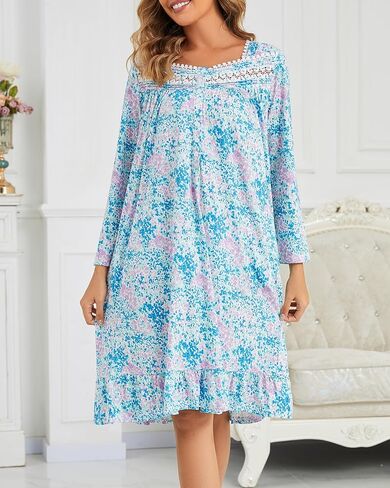 Women's Long Sleeve Floral Nightgown Cotton Soft Sleep Dress with Lace Trim and Pockets in Saudi Arabia