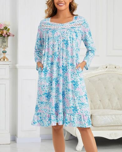 Women's Long Sleeve Floral Nightgown Cotton Soft Sleep Dress with Lace Trim and Pockets in Saudi Arabia