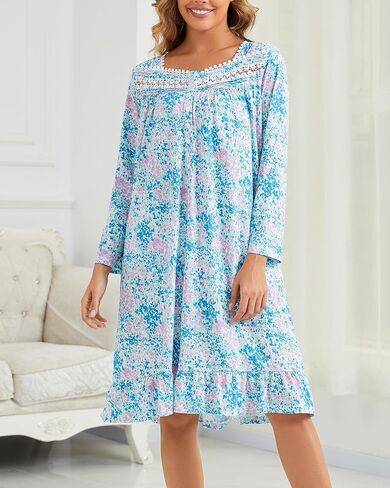 Women's Long Sleeve Floral Nightgown Cotton Soft Sleep Dress with Lace Trim and Pockets in Saudi Arabia