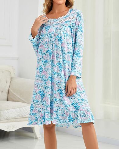 Women's Long Sleeve Floral Nightgown Cotton Soft Sleep Dress with Lace Trim and Pockets in Saudi Arabia