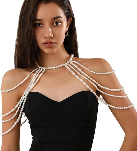 Multi-layer Pearl Tassel Shoulder Chain Necklace for Women Layered Beaded Shoulder Body Chain Jewelry Festival Rave Pearl Tassel Arm Chain Jewelry in Saudi Arabia
