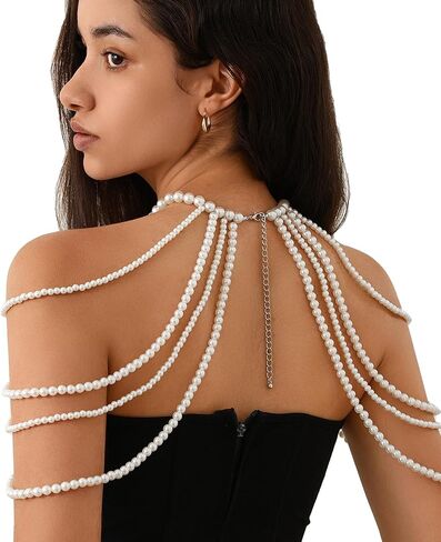 Multi-layer Pearl Tassel Shoulder Chain Necklace for Women Layered Beaded Shoulder Body Chain Jewelry Festival Rave Pearl Tassel Arm Chain Jewelry in Saudi Arabia
