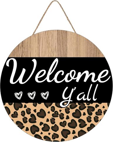 Round Wooden Hanging Front Door Decor Sign Welcome Y'all Sign Everyday Sign Leopard Print Sign Wall Decor Rustic Sign Rustic Wooden Sign Decor, Housewarming Gifts, 12 X 12 Inch in Saudi Arabia