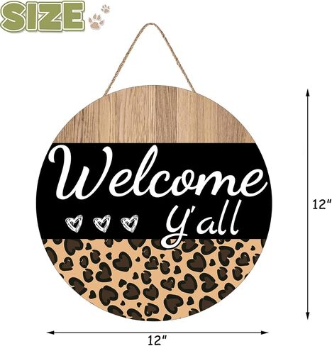 Round Wooden Hanging Front Door Decor Sign Welcome Y'all Sign Everyday Sign Leopard Print Sign Wall Decor Rustic Sign Rustic Wooden Sign Decor, Housewarming Gifts, 12 X 12 Inch in Saudi Arabia
