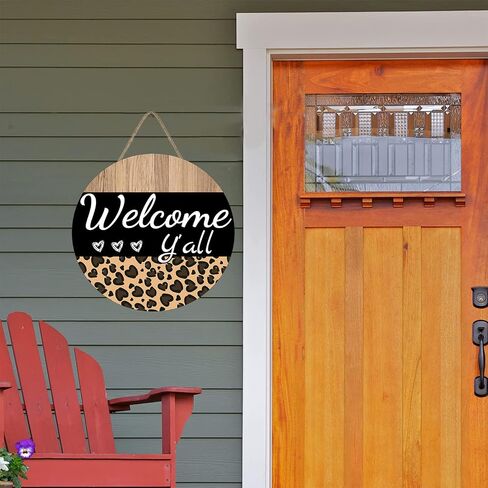 Round Wooden Hanging Front Door Decor Sign Welcome Y'all Sign Everyday Sign Leopard Print Sign Wall Decor Rustic Sign Rustic Wooden Sign Decor, Housewarming Gifts, 12 X 12 Inch in Saudi Arabia