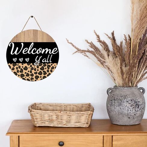 Round Wooden Hanging Front Door Decor Sign Welcome Y'all Sign Everyday Sign Leopard Print Sign Wall Decor Rustic Sign Rustic Wooden Sign Decor, Housewarming Gifts, 12 X 12 Inch in Saudi Arabia