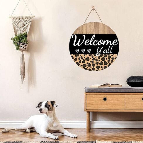 Round Wooden Hanging Front Door Decor Sign Welcome Y'all Sign Everyday Sign Leopard Print Sign Wall Decor Rustic Sign Rustic Wooden Sign Decor, Housewarming Gifts, 12 X 12 Inch in Saudi Arabia