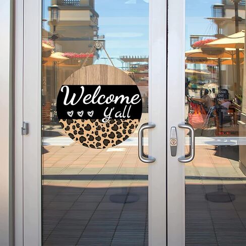 Round Wooden Hanging Front Door Decor Sign Welcome Y'all Sign Everyday Sign Leopard Print Sign Wall Decor Rustic Sign Rustic Wooden Sign Decor, Housewarming Gifts, 12 X 12 Inch in Saudi Arabia