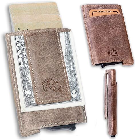 محفظة رجالية منبثقة تلقائيًا بخاصية RFID، جلد محبب بالكامل، سعة 7 بطاقات (بني داكن) in Kuwait