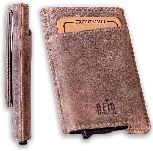 محفظة رجالية منبثقة تلقائيًا بخاصية RFID، جلد محبب بالكامل، سعة 7 بطاقات (بني داكن) in Kuwait