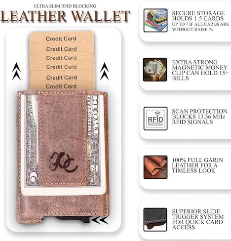 محفظة رجالية منبثقة تلقائيًا بخاصية RFID، جلد محبب بالكامل، سعة 7 بطاقات (بني داكن) in Kuwait