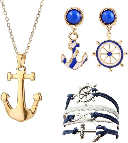 3 PCS Nautical Themed Jewelry Set Necklace and Earrings Nautical Anchor Handmade Navy White Anchor Multiple Layers Bracelet in Kuwait