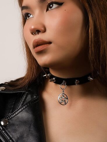 Sacina Gothic Punk Spiked Choker, Black PU Leather Choker Collar, Pentagram Necklace, Star Necklace, Black Choker, Halloween Necklace, Christmas New Year Jewelry Gift for Women in Saudi Arabia
