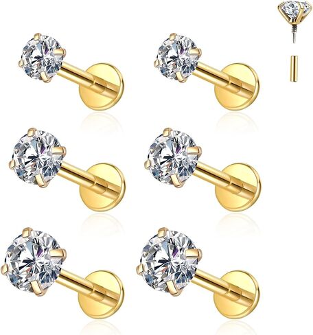 6PCS Titanium Internal Thread Cubic Zirconia Labret Stud-16G Helix Tragus Cartilage Earring for Helix, Tragus, Conch, Nose, Lip, Medusa -body Jewelry for Woman Man in Kuwait