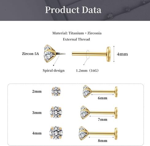 6PCS Titanium Internal Thread Cubic Zirconia Labret Stud-16G Helix Tragus Cartilage Earring for Helix, Tragus, Conch, Nose, Lip, Medusa -body Jewelry for Woman Man in Kuwait